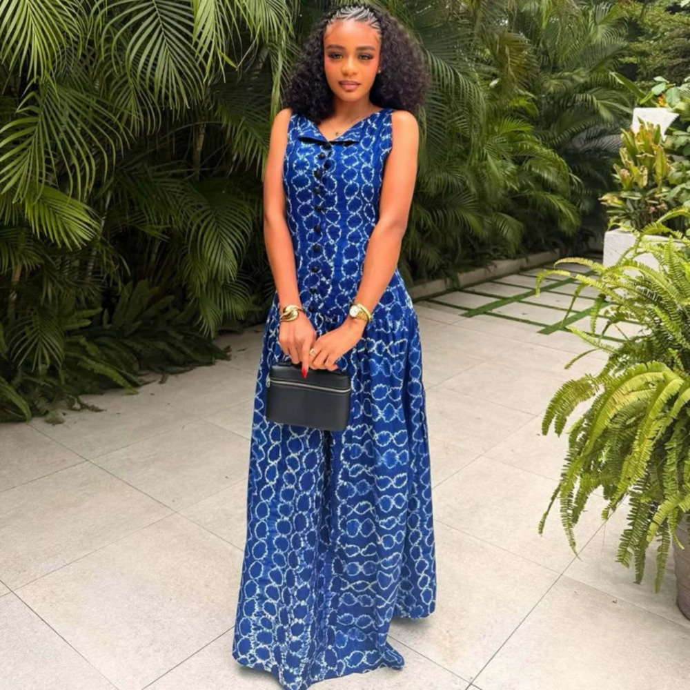 Elegant African Print Sleeveless Notch Collar High Waist Maxi Dress